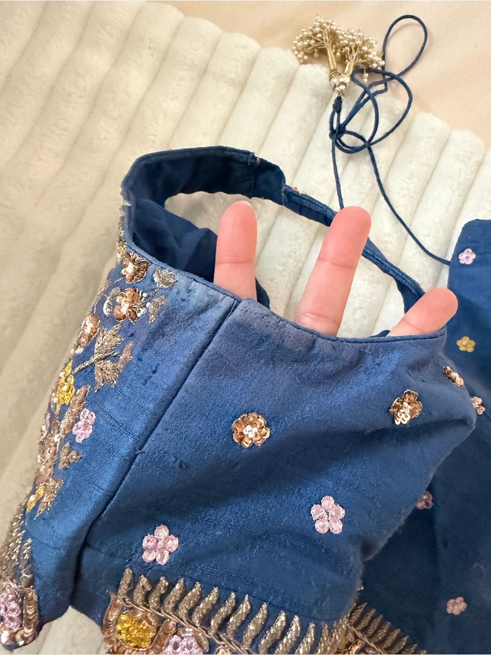 Chamee & Palak Embroidered Jewled Navy Floral Halter Camisole - Picture 6 of 12